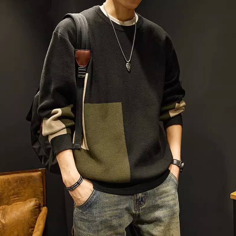 Kangshi Yishu High-End American-Style Sweater for Men, Trendy Color-Blocking Loose Knit Top, Spring and Autumn Casual Shirt