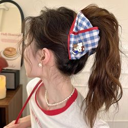Blue and White Gingham Contrast Color Kt Cat Triangle Claw Clip Sweet cute Large Shark Hair Clip for Thick Hair on the Back of the Head