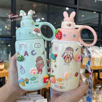 Hong Kong Childrens insulated cup to carry straw water glasses cute girl with high face value to carry big belly cup