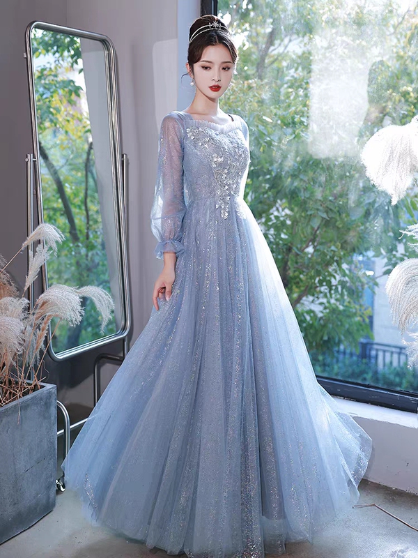 Plus-Size Blue Evening Dress for Curvy Women, High-End Feel for Banquets, 100kg Light Luxury Niche Piano Performance and Art Exam Dress