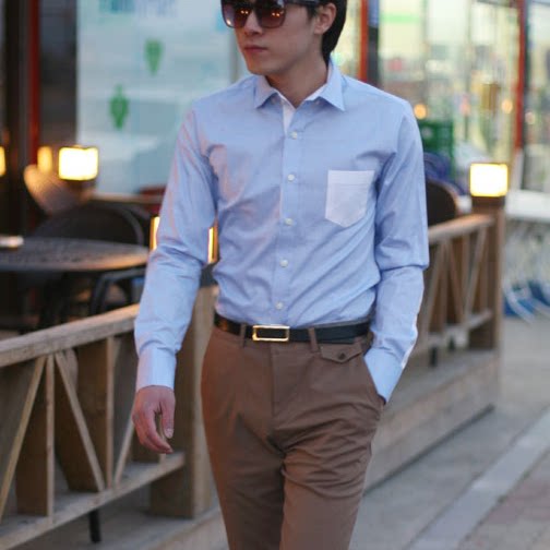 South Korean middle-aged new wave men's color splicing Korean version Business pure color casual long sleeve shirt