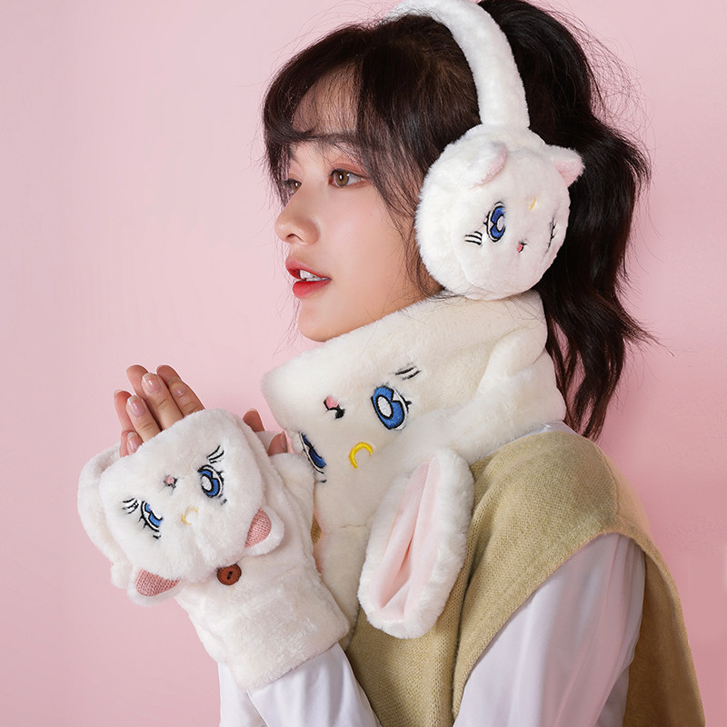 Hats, scarves, gloves, three-piece women's winter cute Korean cartoon earmuffs students plus velvet thickened warm winter