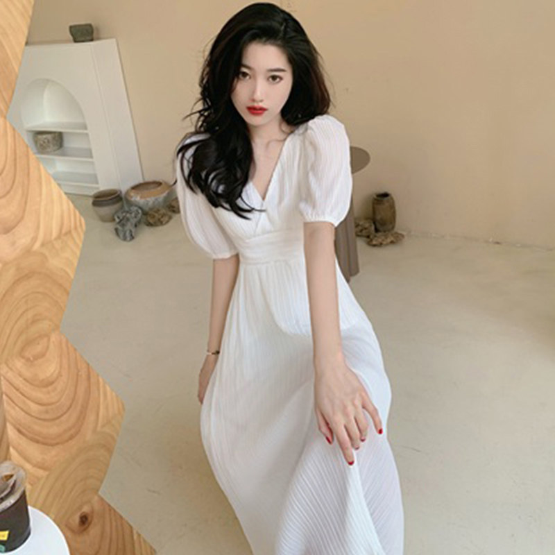 2022 New Spring Vintage Oil Painting White Dress Skirt Summer Women's Tea Hysteria Salt Fried Street Retro