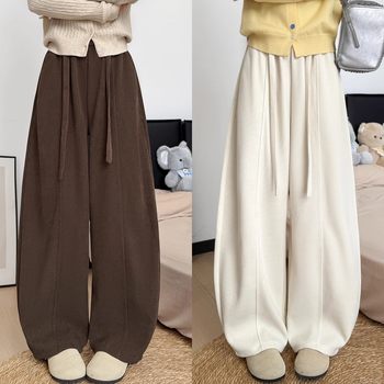 White Corduroy Wide-Leg Pants for Women, Autumn and Winter, Fleece-Lined, Petite, Loose, Relaxed, Slimming, Casual Sports Sweatpants