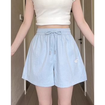 Blue Work Shorts for Women, Summer Thin High-Waisted Slimming Loose Quick-Drying Embroidered Casual American-Style Sports Shorts
