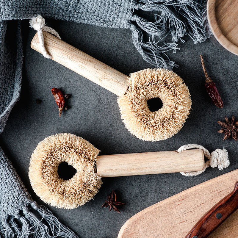 Imported wooden handle natural coconut palm pot brush pot artifact household kitchen cleaning coconut palm Japanese authentic natural coconut shreds