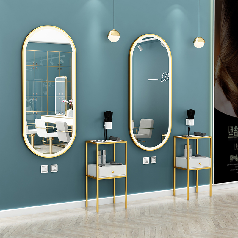 Minimalist Hairdressers Mirror Desk Elliptical Beauty Hair Shop With Lamp Mirror Hair Salon Special Floor Hanging Wall Mirror Single-sided Haircut Cabinet