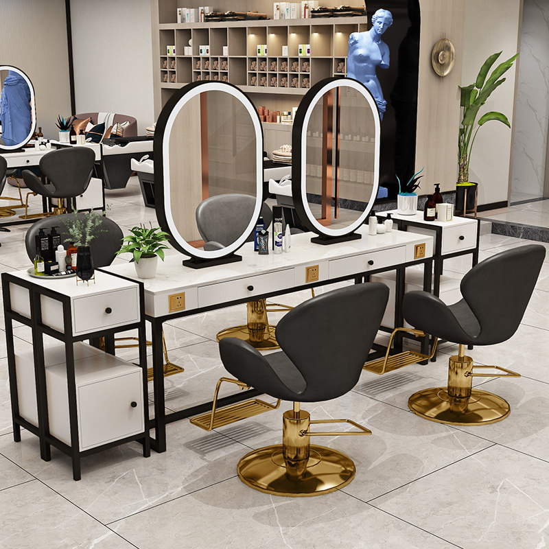 Nordic light and luxurious haircut mirror table single sided with lamp one-piece marble countertop cut permed hair net red mirror table