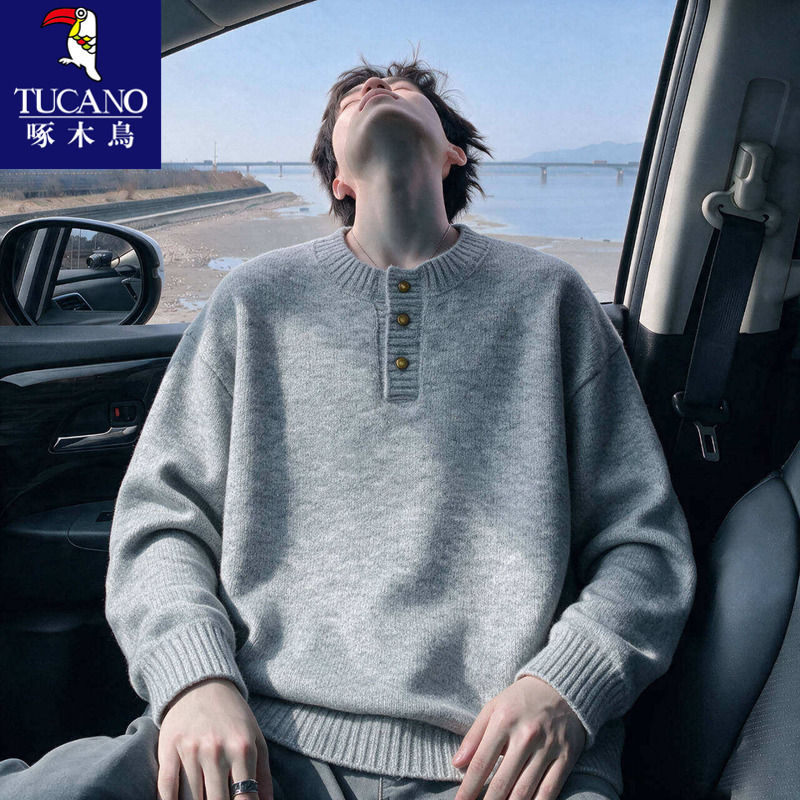 Woodpecker Brand Crew Neck Sweater for Men, Autumn and Winter, Thickened Base Layer Knitwear for Young Boys, Stylish Top