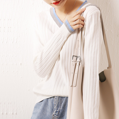 女士秋冬V领长袖宽松毛衣