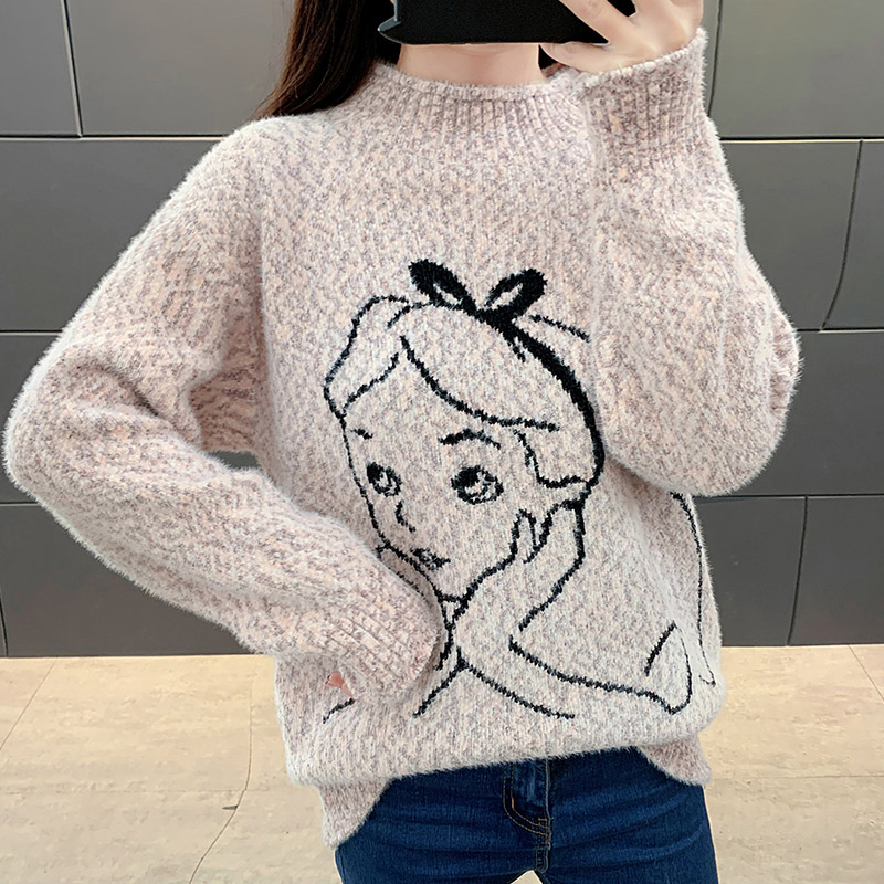 纽卡森宽松秋冬2019新款韩版雪花花色印花套头长袖女针织衫上衣HH