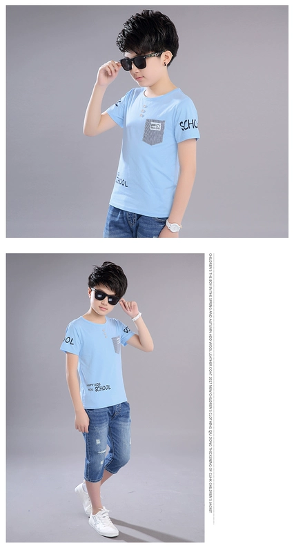 Áo thun bé trai ngắn tay 2018 trẻ em mới trong chiếc áo thun cotton bé trai mùa hè trẻ em nửa kín tay 8