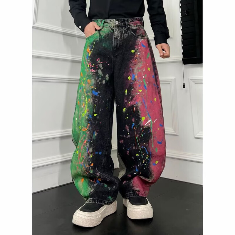 High Street Style Colorful Gradient Scimitar Pants for Men, Loose Jeans with American-Style Personality, Splash-Ink Graffiti Print Long Pants, Trendy