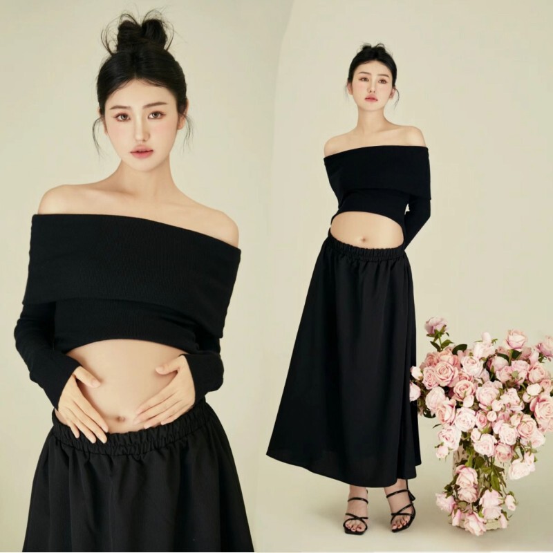Photo Studio Maternity Photo Clothing, Indoor Simple Style, High-End Photography, Pregnant Mother Belly Photo, Black Dress for Home Shooting