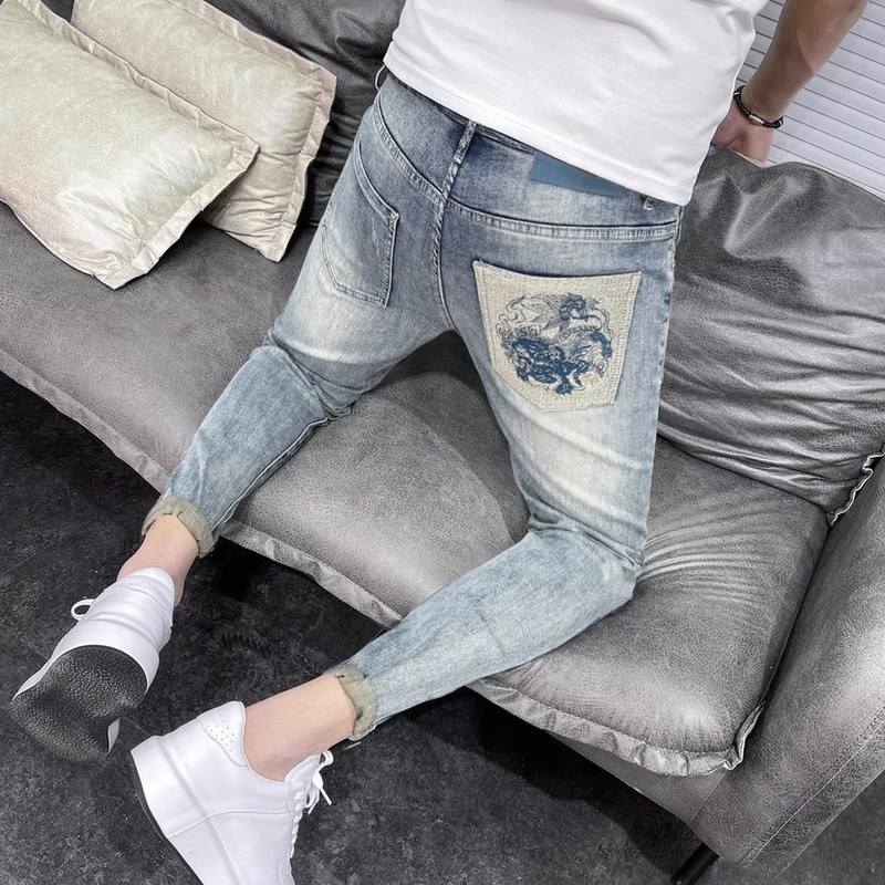 Trendy Men's Personalized Embroidered Jeans, Summer Fashion Brand Ripped Cropped Pants, Slim Fit Skinny Pants, Stylish Retro Cool Look Trendy Men's Personalized Embroidered Jeans, Summer Fashion Brand Ripped Cropped Pants, Slim Fit Skinny Pants, Stylish Retro Cool Look
