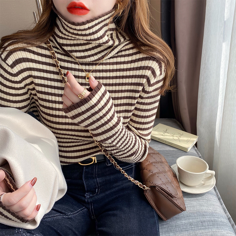 Turtleneck Sweater for Women, Autumn and Winter 2026 New Style, Stylish Inner Wear, Striped Base Shirt, Long-Sleeved Slim-Fit Knitted Top for Women