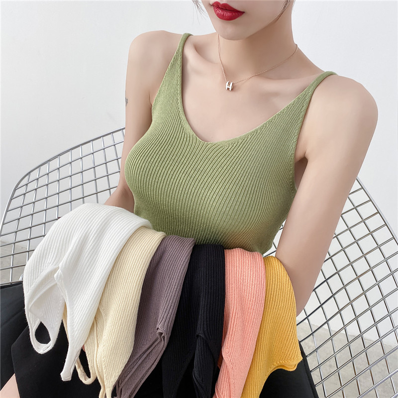 Spring and summer before and after the V-neck slim knitted camisole inside the camisole female summer outside wear leaky back sexy top vest