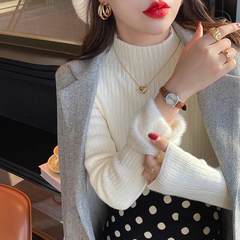 Autumn and Winter 2026 New White Sweater for Women, Base Layer, Half Turtleneck, Long Sleeves, Knitted Integrated Mink Velvet Top Autumn and Winter 2026 New White Sweater for Women, Base Layer, Half Turtleneck, Long Sleeves, Knitted Integrated Mink Velvet Top