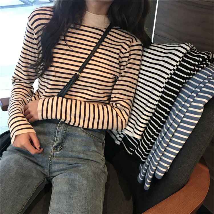 Autumn and winter 2022 new half turtleneck sweater striped long-sleeved knitted bottoming shirt with tight-fitting pullover top for women