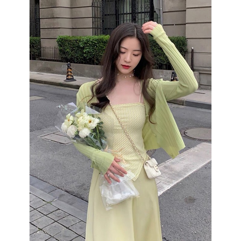 Avocado Green Ice Silk Knitted Sun Protection Cardigan for Women, Thin Shawl for Summer, Paired with a Slip Dress, Outerwear Top