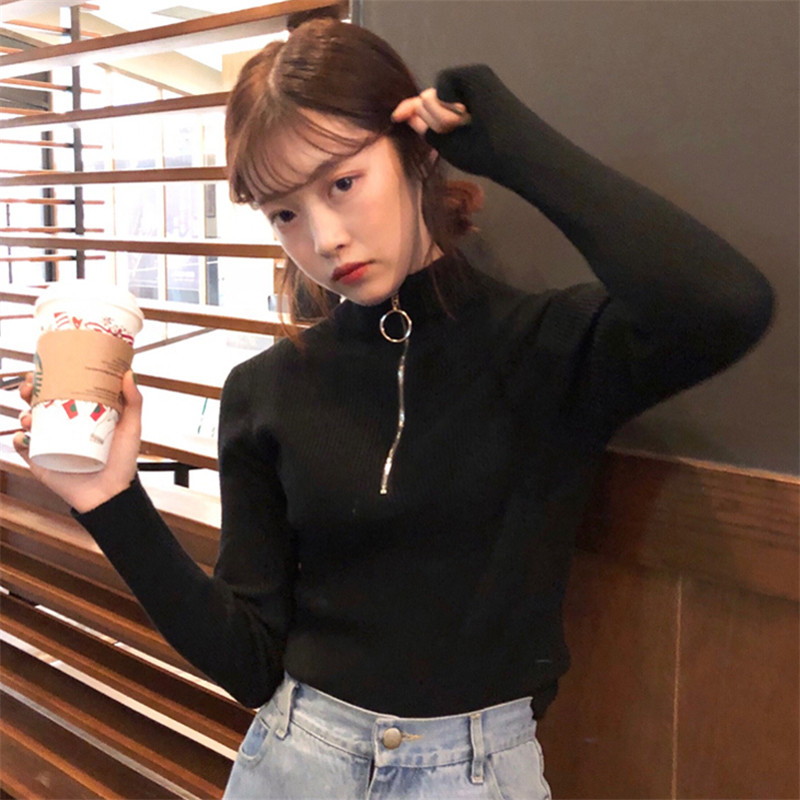 Autumn and winter pull-up half-height neck pullover slim long-sleeved knitted leggings design sense temperament inner tops female tide