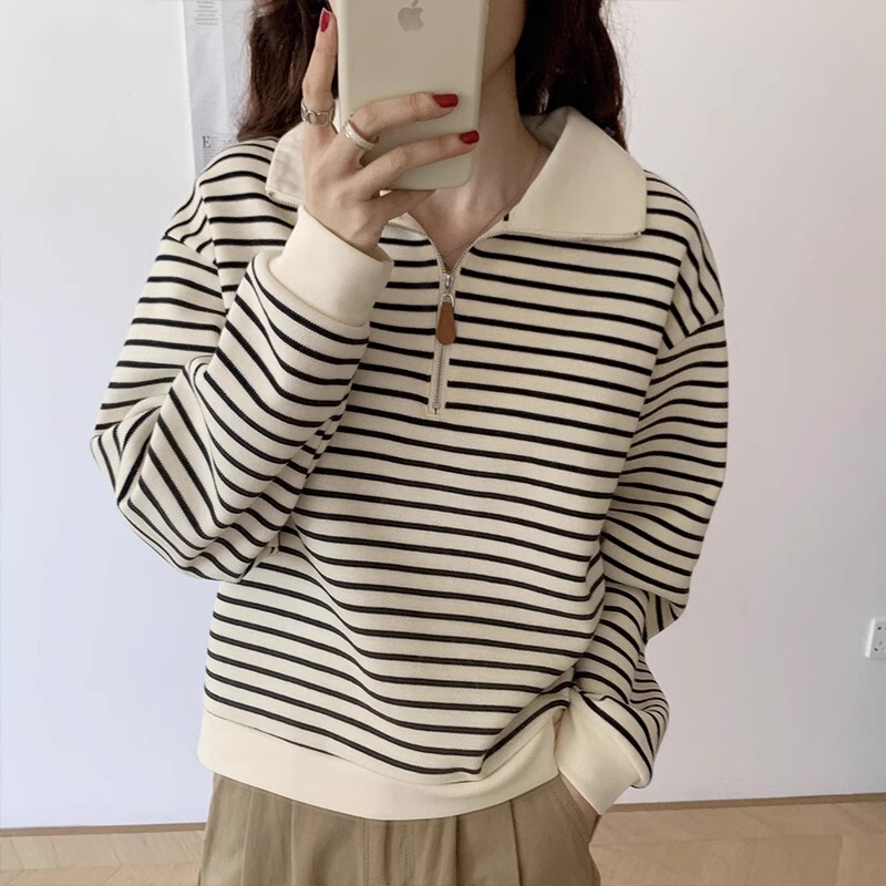 Polo Collar Sweatshirt for Women, Autumn and Winter Wear, Short Coat for Petite Figures, Striped Long-Sleeve Top, Pullover Knit Sweater