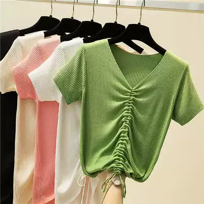 Summer 2021 New V-neck ice silk knit sweater women's short sleeve foreign pie base short sleeve drawstring top T-shirt ins tide