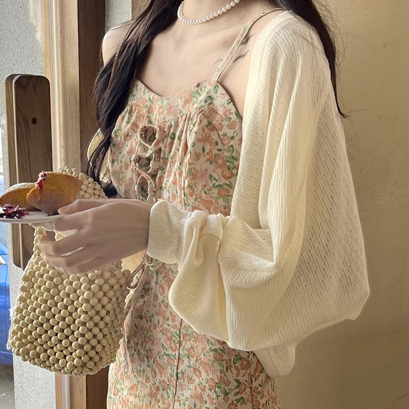 French-Style Milky Apricot Knitted Cardigan Jacket for Women, Autumn Camisole Dress Outerwear, Shawl, Batwing Sleeve Ice Silk Sun Protection Shirt for Autumn