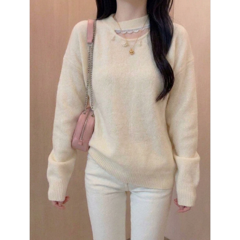 Lazy Style White Knitted Sweater for Women, New Autumn and Winter Design with Unique and Beautiful Hollow-Out Design, Long-Sleeved Sweater for Layering Lazy Style White Knitted Sweater for Women, New Autumn and Winter Design with Unique and Beautiful Hollow-Out Design, Long-Sleeved Sweater for Layering