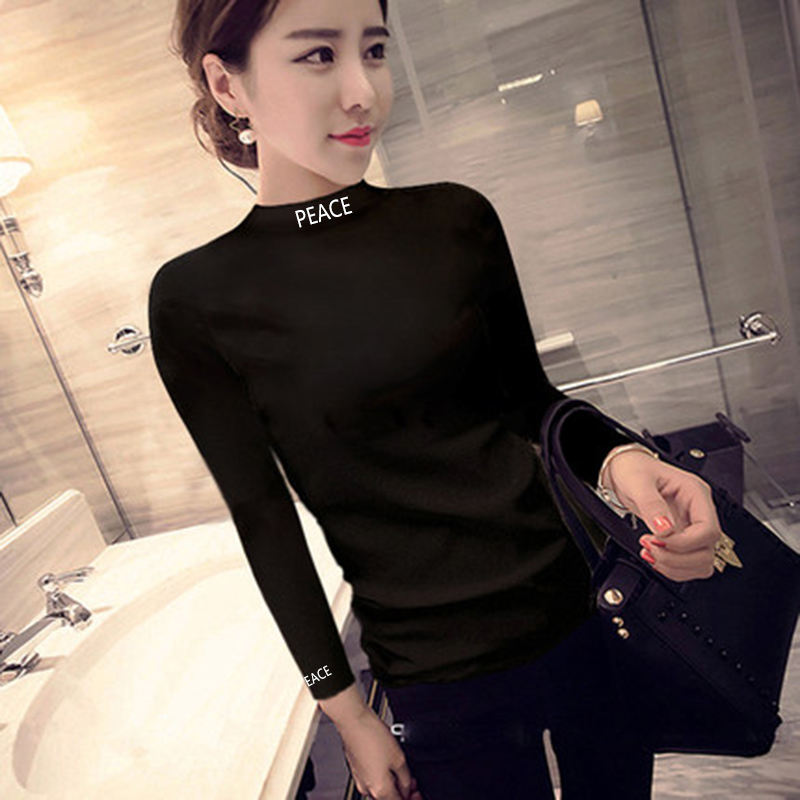 (2pcs 88)Semi-turtleneck base shirt Women's T-shirt Long sleeve tight fit small turtleneck autumn and winter black middle collar top