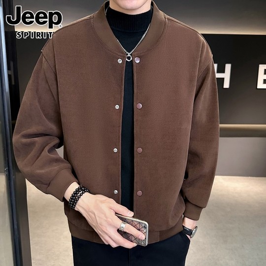 Jeep Fleece-Lined Jacket for Men, 2025 Winter Trendy Baseball Collar Casual Corduroy Sports Jacket for Men