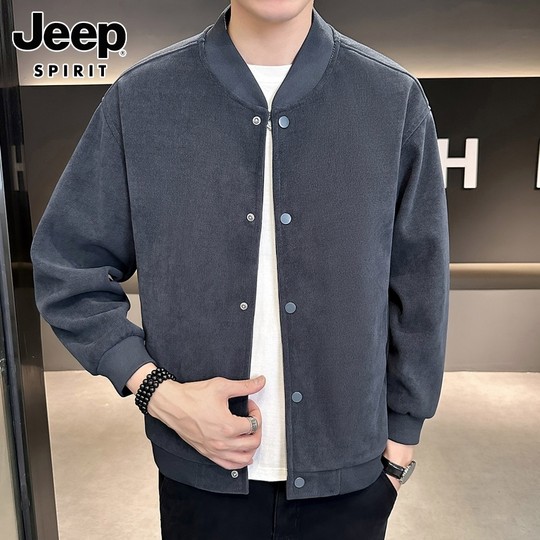 Jeep Fleece-Lined Jacket for Men, 2025 Winter Trendy Baseball Collar Casual Corduroy Sports Jacket for Men