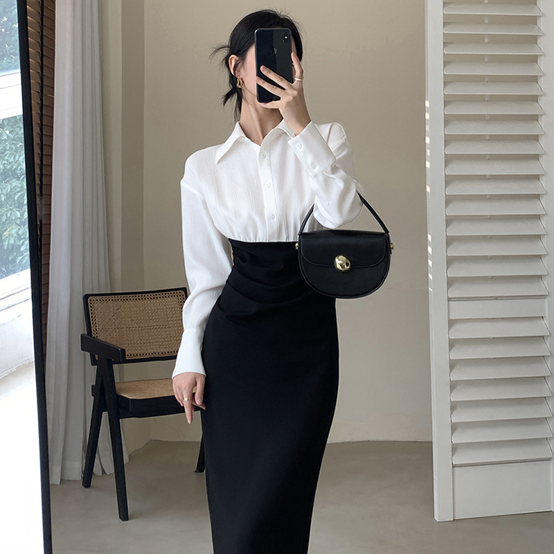 Casual Elegant Shirt Dress for Women 2026 Spring New Style Waist-Cinching Slimming Workwear Patchwork Long Dress D0509