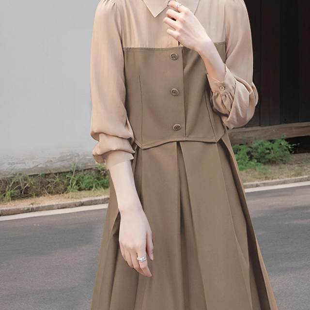 Elegant and designed niche stitching dress for women 2025 spring commuting waist slimming shirt dress 1856