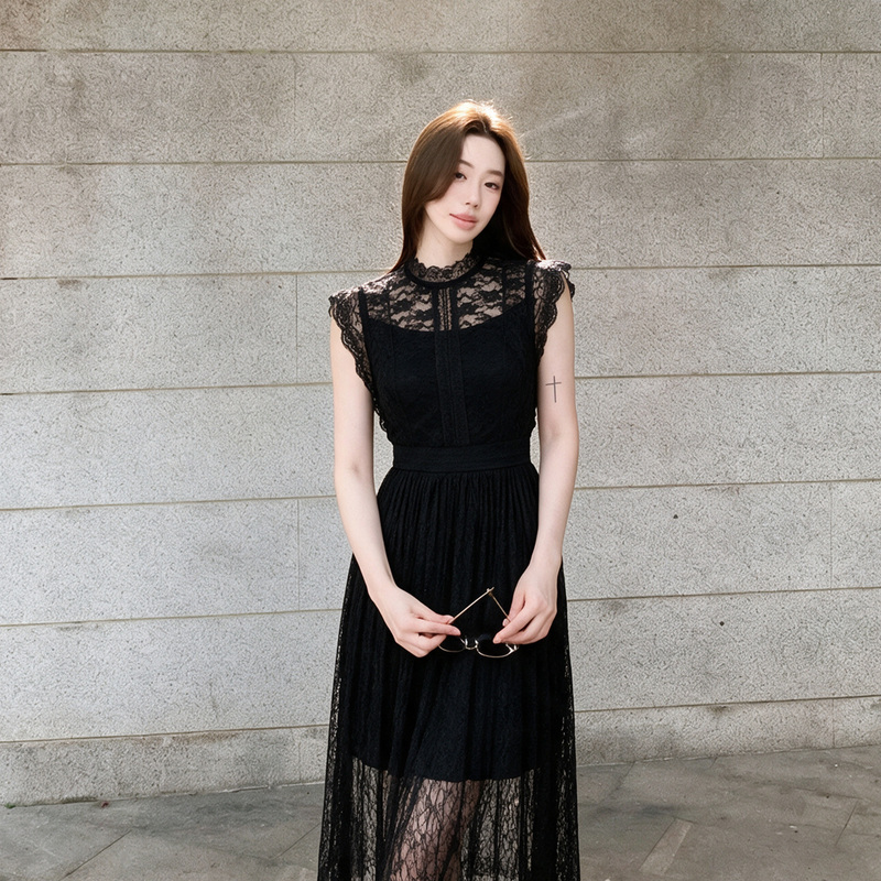 [with Lining] Lace Dress for Women, Summer, Waist-Cinching, Elegant and High-End Feel, Black Dress for Important Occasions D2862
