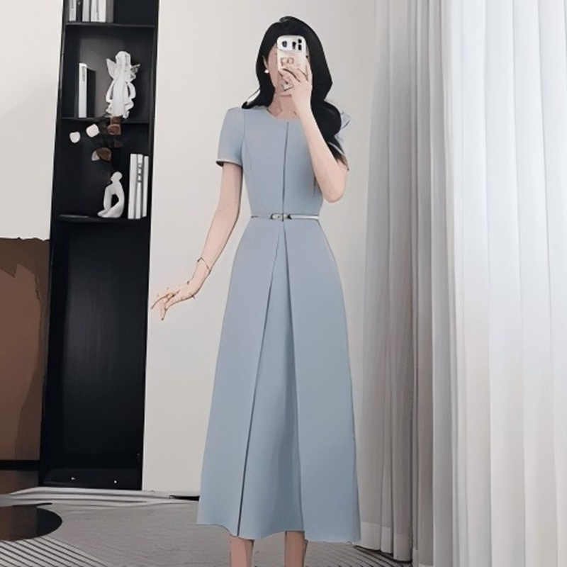 Mingai Feng Light Luxury Evening Dress 2026 Summer New Short-Sleeved Waist-Cinching Slimming High-Waisted Dress D1558