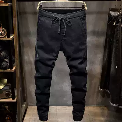 Winter brushed elastic waist jeans men's slim-fit cigarette tube pants Autumn and winter thick elastic waist trousers men's Korean version of the trend