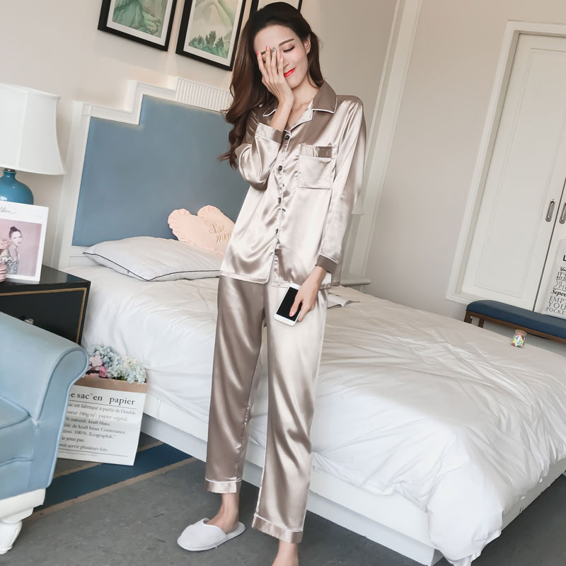 (Silk) High-end pajamas women's spring and autumn long-sleeved two-piece suit silk home service thin shirt ice silk summer