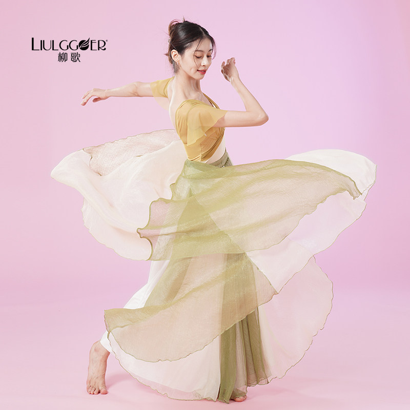 Liu Ge classical dance dress Women's Big swing skirt double-layer floating half-length skirt Chinese dance practice costume