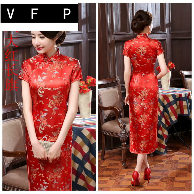 Long cheongsam suitable for photo sessions, dress, clothing, brocade, dragon and phoenix, with short sleeve, party clothing Long cheongsam suitable for photo sessions, dress, clothing, brocade, dragon and phoenix, with short sleeve, party clothing