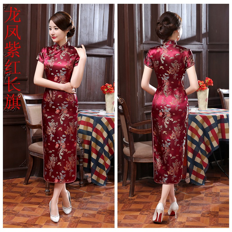 Long cheongsam suitable for photo sessions, dress, clothing, brocade, dragon and phoenix, with short sleeve, party clothing Long cheongsam suitable for photo sessions, dress, clothing, brocade, dragon and phoenix, with short sleeve, party clothing