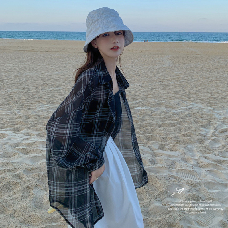 Black Plaid Ice Silk Sun-Protective Drapey Shirt Jacket for Women, Summer Sheer Blouse, Outerwear, Autumn Outfit
