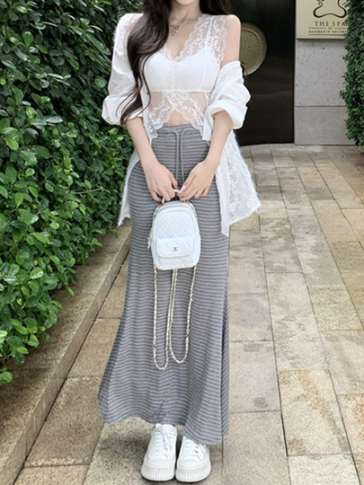 灰色条纹鱼尾半身裙女春夏新款miu系长裙蕾丝拼接衬衫三件套装裙