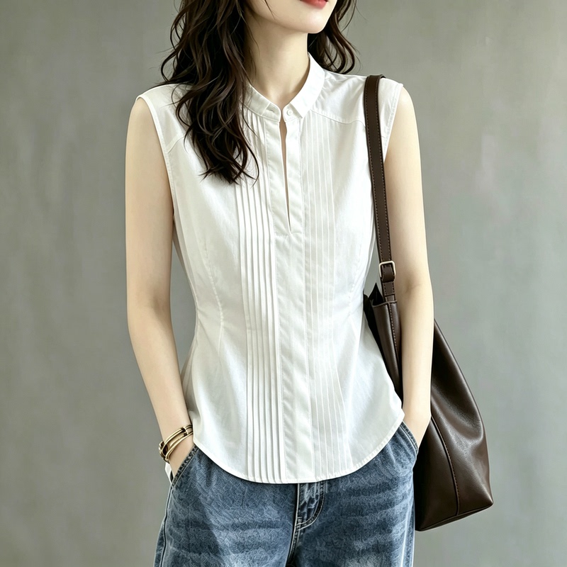 Petite Minimalist Style White Chiffon Women's 2026 Summer V-Neck Single-Breasted Waist-Cinching Slimming Sleeveless Tank Top Petite Minimalist Style White Chiffon Women's 2026 Summer V-Neck Single-Breasted Waist-Cinching Slimming Sleeveless Tank Top
