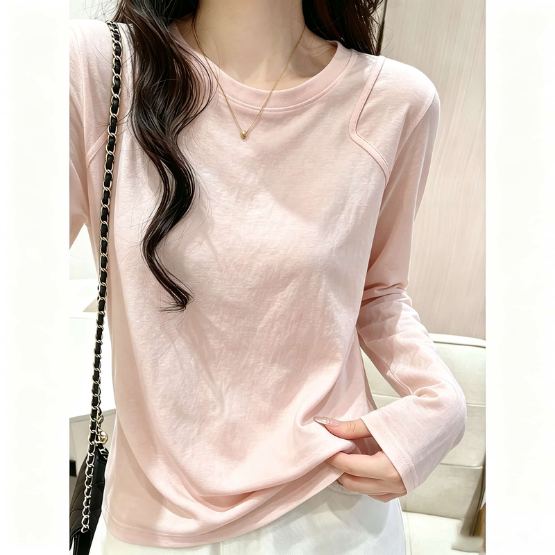 Stylish Pink Round-Neck Long-Sleeve T-Shirt for Women, 2026 Spring and Autumn, Elegant Inner Layer, Loose and Casual Top, Trendy Stylish Pink Round-Neck Long-Sleeve T-Shirt for Women, 2026 Spring and Autumn, Elegant Inner Layer, Loose and Casual Top, Trendy