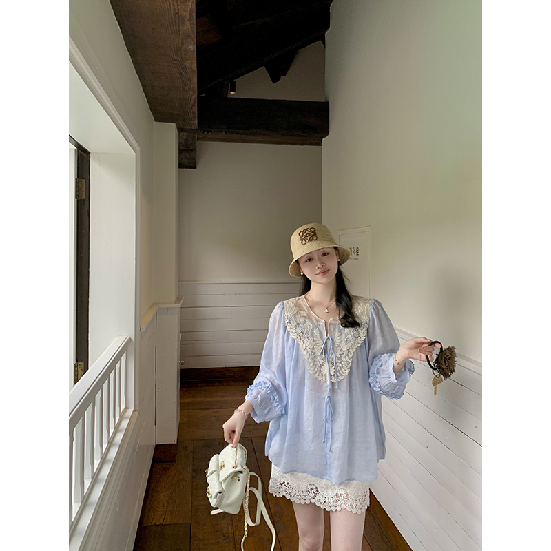 Wang Hanyan Little Daisy 100% Ramie Heavy Craft Stitching Water-Soluble Lace Collar Lazy and Exquisite Shirt Top for Women Summer Wang Hanyan Little Daisy 100% Ramie Heavy Craft Stitching Water-Soluble Lace Collar Lazy and Exquisite Shirt Top for Women Summer