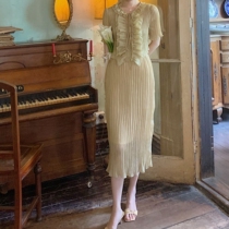 Fa-style retro gentle temperament suit female summer medium length half body dress light Gentle Wind Pressure Pleat Shirt Harness Three Sets