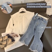 Girl Long Sleeve Shirt Spring Autumn 2021 New Girl Korean Version Foreign Air Trendy Doll Collar Child White Shirt