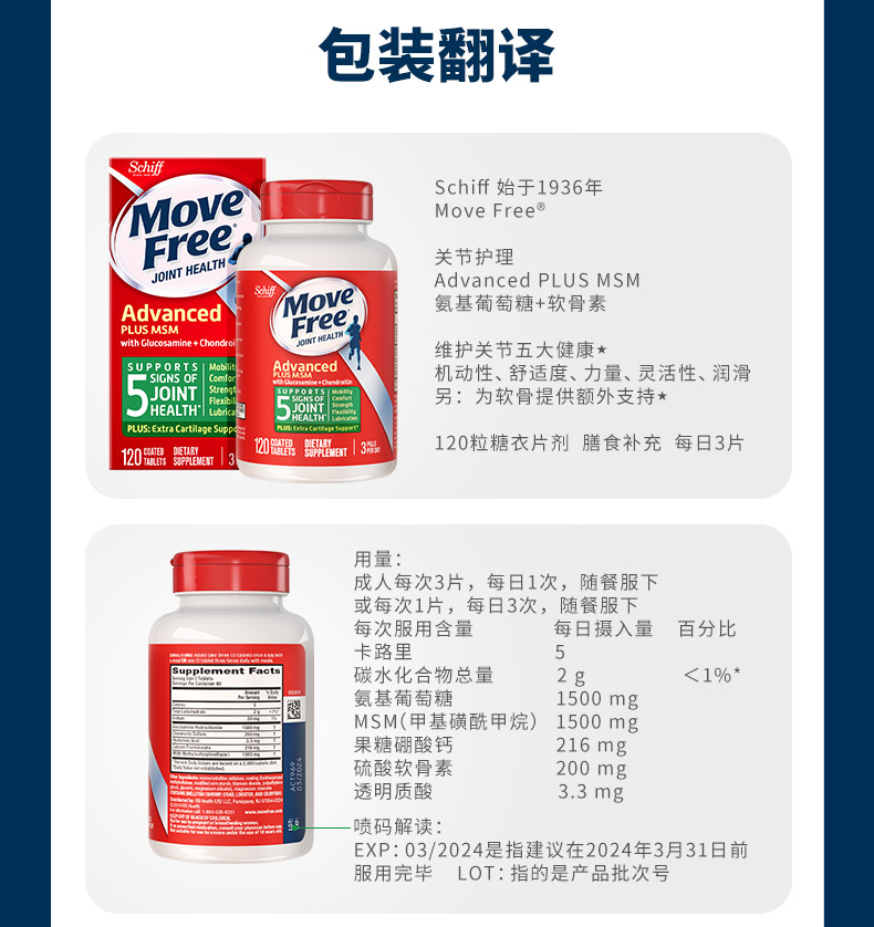 美产 MoveFree氨糖软骨素 绿瓶 120粒*2瓶 图13