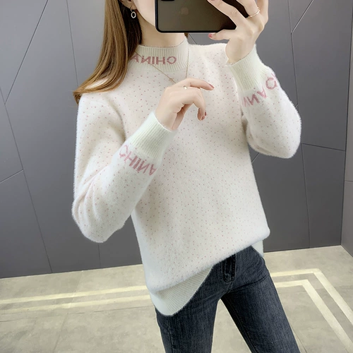 Трикотажный приятный телу зимний бархатный утепленный свитер, в корейском стиле, свободный крой